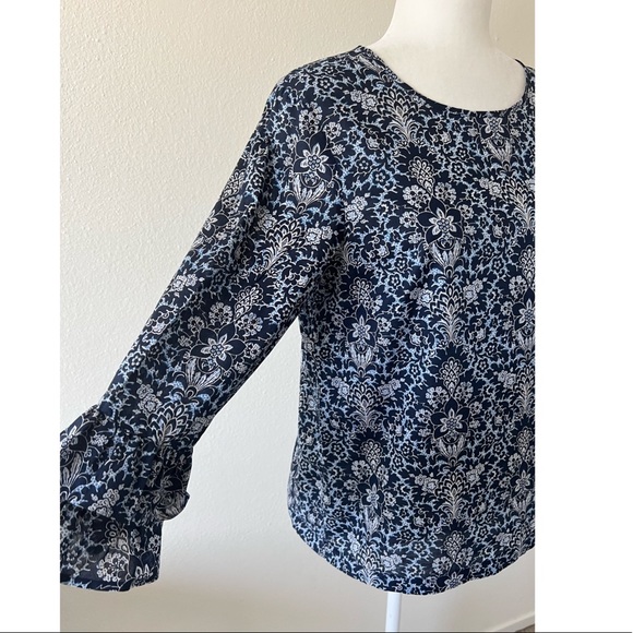 J.CREW  Size 8 Double Ruffle Sleeve Floral Print Top Blue Cotton Blouse - Picture 5 of 10